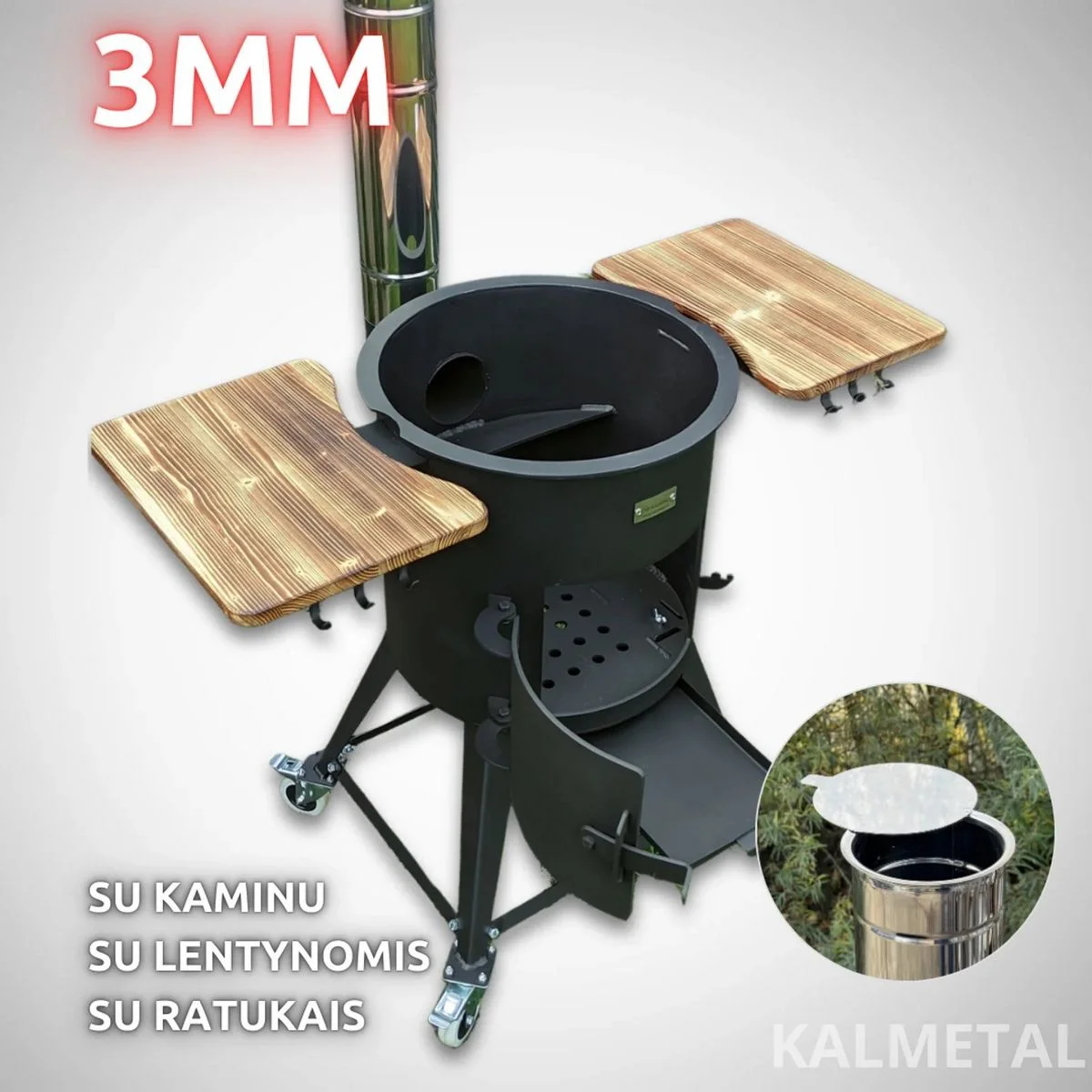 PREMIUM no 8L līdz 22L 3MM krāsns ar skursteni, ar plauktiem, riteņiem